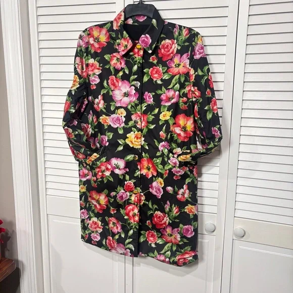 JONES NEW YORK SIGNATURE Reversible Black Floral Rose Rain Coat •Size SP - Picture 5 of 11